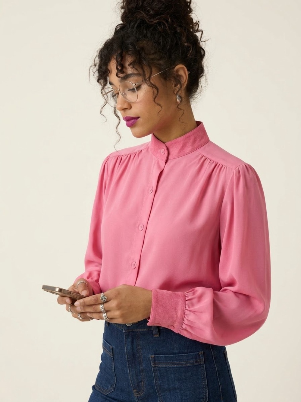Vintage 70s Adolph Schuman Pink Faux Suede Trim High Neck Long Sleeve Blouse M